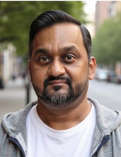 Raj in a grey hoodie and white tee on a city street