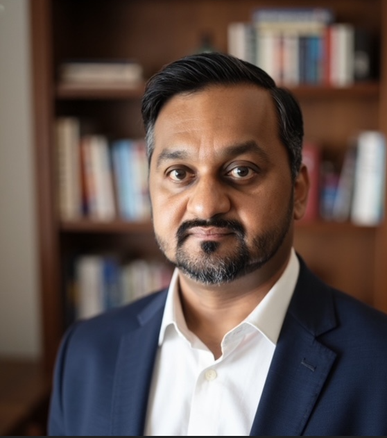 Raj Rawana, seated in front of a bookshelf in a navy blazer